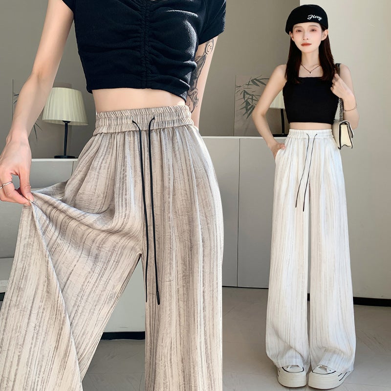 Textured Ice Silk Satin Printed Ink Wide Leg Pants Women'S 2025 Summer Loose Straight-Leg Floor-Mopping Drape Casual Pants - Image 3