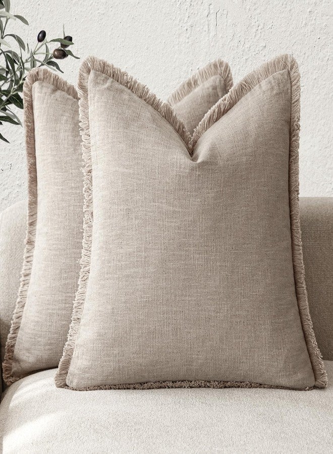 Foindtower Set of 2 Decorative Linen Fringe Throw Pillow Covers Farmhouse Cushion Cover with Tassels Soft Accent Pillowcase for Couch Chair Sofa Bed Living Room Home Decor,16×16 Inch,Natural Linen - Image 1
