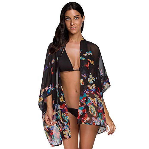 Max Hsuan Women's Loose Print Sheer Chiffon Kimono Beach Swim Cover up Cardigan Capes Blouse Tops Black Butterflies - Image 1