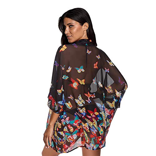 Max Hsuan Women's Loose Print Sheer Chiffon Kimono Beach Swim Cover up Cardigan Capes Blouse Tops Black Butterflies - Image 2
