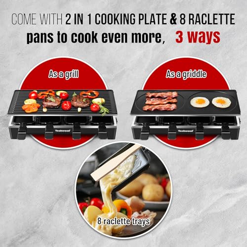 Techwood Raclette Grill, Techwood Electric Table Indoor Grill Korean BBQ Grill, Removable 2-in-1 Non-Stick Grill Plate, 1500W Fast Heating with 8 Cheese Melt Pans, Ideal for Parties and Family Fun - Image 3