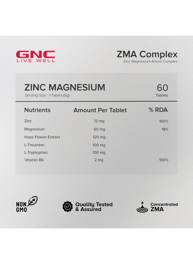 GNC GNC Zinc Magnesium Complex (ZMA) with Vitamin B6, L-Theanine, L-Tryptophan & Hops Flower Extract | 60 Veg Tablets | Supports Restful Sleep, Calmness & Nerve Function | USA Formulated  - Image 3