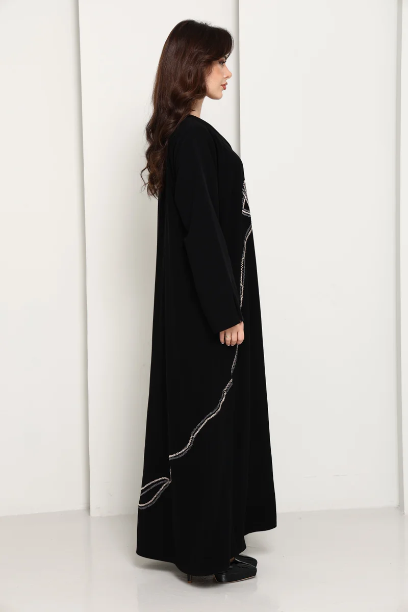 MSquare Fashion Jet Black Abaya with Asymmetrical Thread-Work