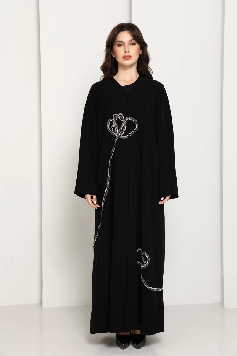Jet Black Abaya with Asymmetrical Thread-Work