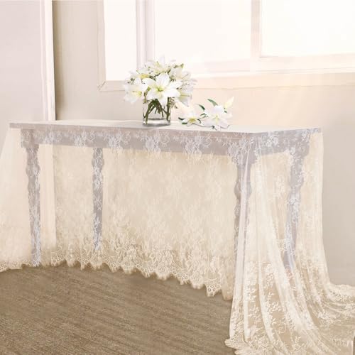 B.Cool BCOOL Ivory Lace Tablecloth 60 X120 Inches Rectangle Vintage Embroidered Bridal Wedding Tablecloths Sheer Overlay for Rustic Outdoor Party Reception Home Decor - Image 1