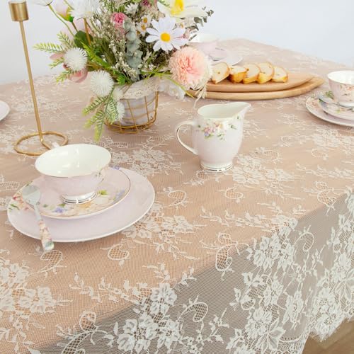 B.Cool BCOOL Ivory Lace Tablecloth 60 X120 Inches Rectangle Vintage Embroidered Bridal Wedding Tablecloths Sheer Overlay for Rustic Outdoor Party Reception Home Decor - Image 3