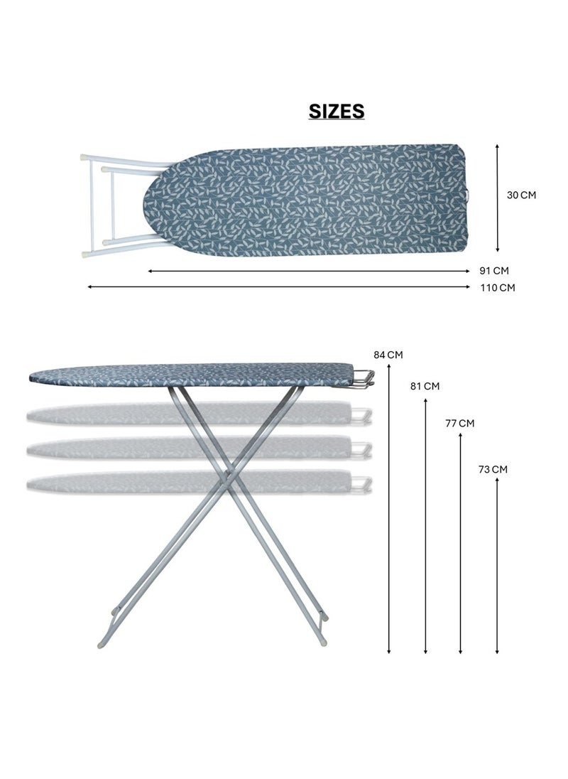 Clean and Care Ironing Board Size A 110cm x 30cm Strong Board 4 Adjustable Heights Iron Durable Stand High Quality Cushion Foldable Space saving Black Checked