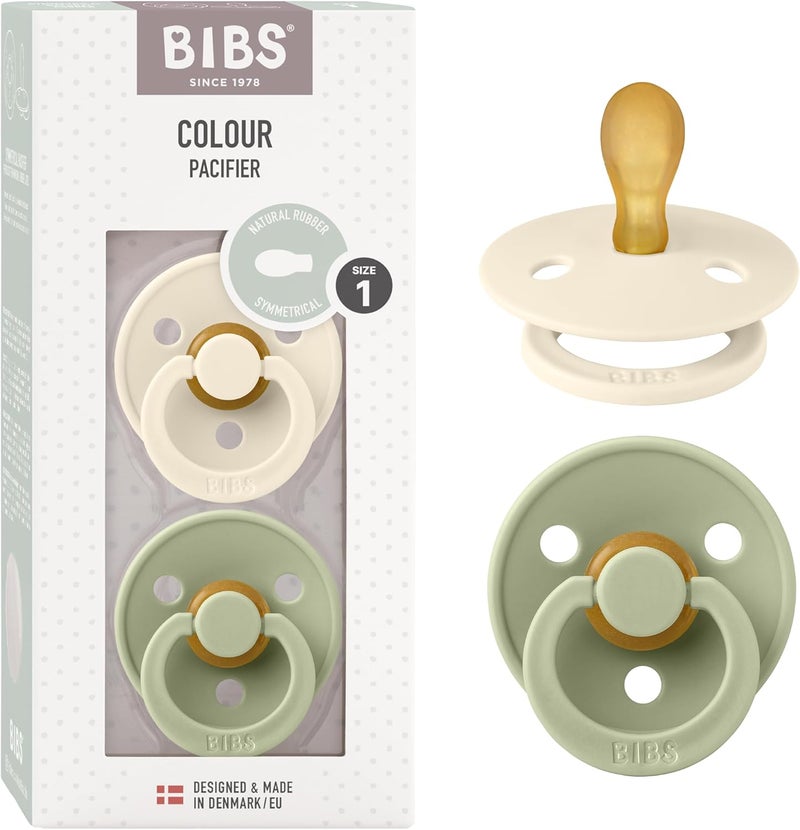 BIBS Colour Symmetrical Soother 2-Pack - BPA Free Natural Rubber Pacifier for Infants 0-6 Months, Ivory/Sage - Image 1