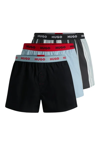 HUGO Three-pack of cotton boxer shorts with logo waistbands