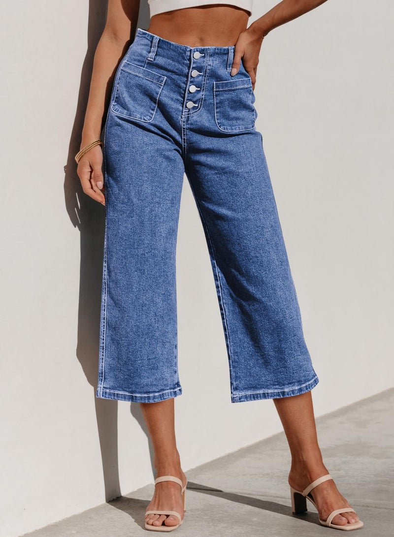 Sidefeel Women's Wide Leg Jeans Zimbaplatinum High Waisted Stretchy Capri Pants Loose Denim Pants Light Blue Size 14 - Image 4