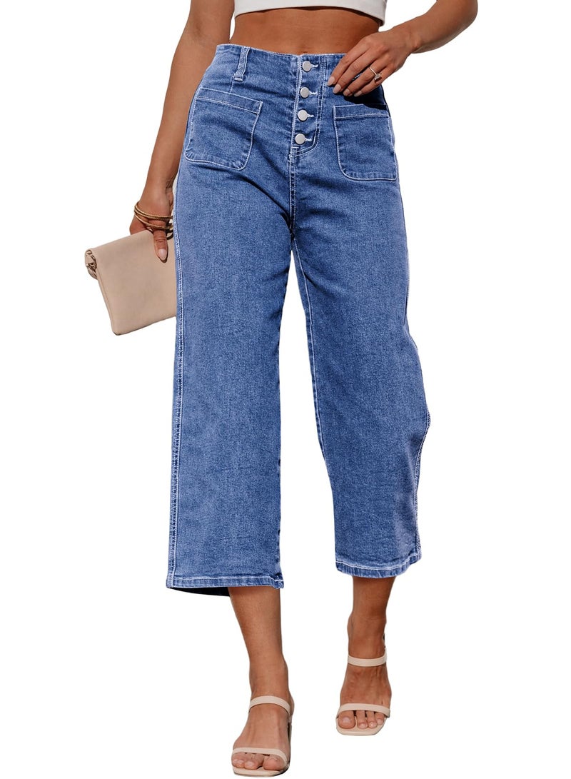 Sidefeel Women's Wide Leg Jeans Zimbaplatinum High Waisted Stretchy Capri Pants Loose Denim Pants Light Blue Size 14 - Image 1