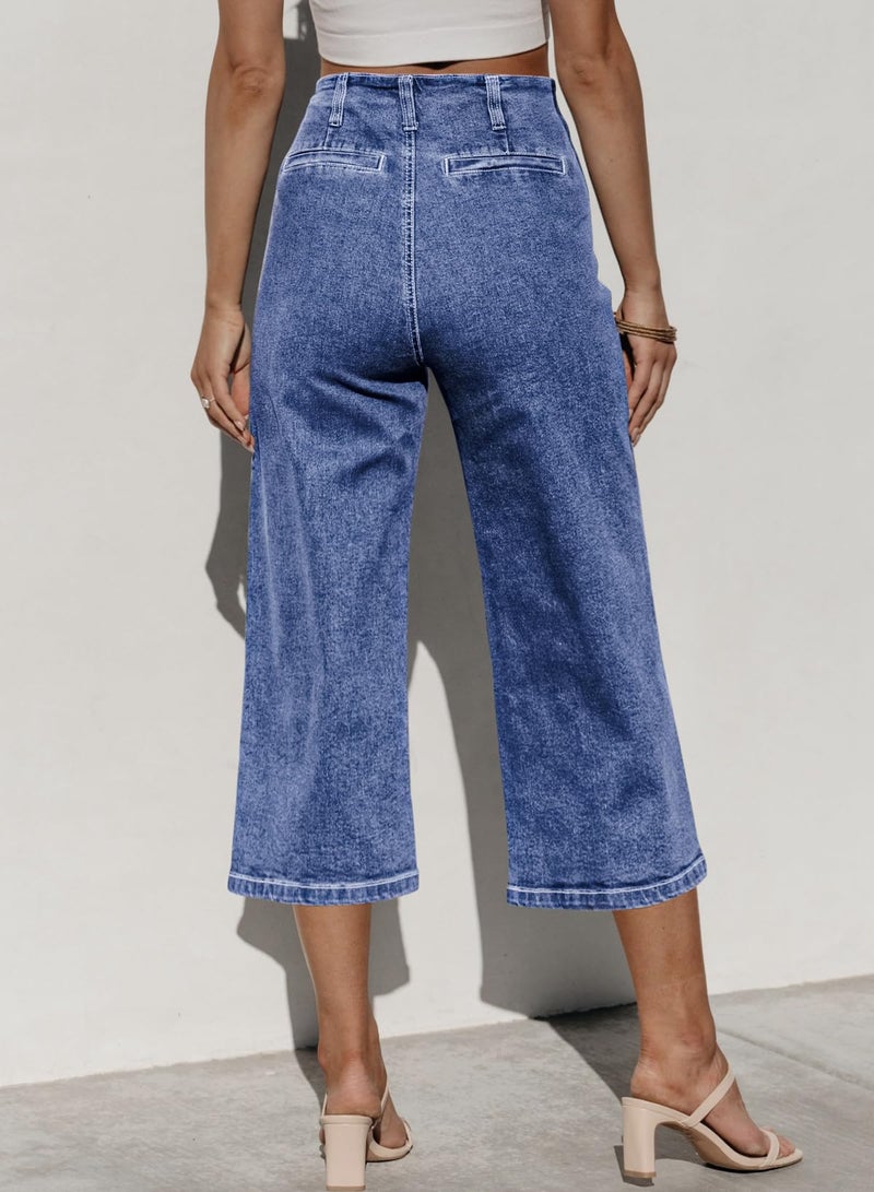 Sidefeel Women's Wide Leg Jeans Zimbaplatinum High Waisted Stretchy Capri Pants Loose Denim Pants Light Blue Size 14 - Image 3