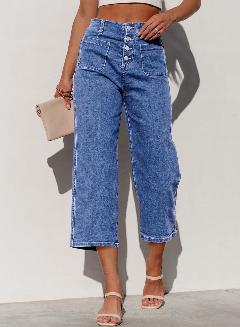Sidefeel Women's Wide Leg Jeans Zimbaplatinum High Waisted Stretchy Capri Pants Loose Denim Pants Light Blue Size 14 - Image 2