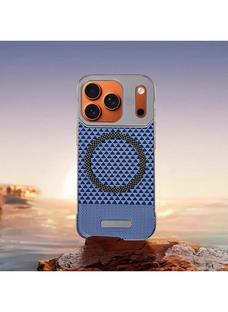 دبليو تيك غطاء حماية لهاتف آيفون 17 برو 5G 2025 بإطار معدني مغناطيسي بلا إطار، بنسيج قماشي رقيق، من مادة PC مع دعم Magsafe (MCCPSN) - رمادي/أزرق - Image 4