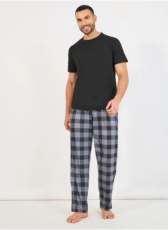 Styli Solid T-shirt and Checked Pajama Sets