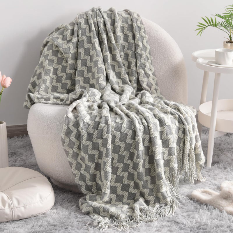 NTBAY NTBAY Acrylic Knitted Throw Blanket Lightweight and Soft Cozy Decorative Woven Blanket with Tassels for Travel Couch Bed Sofa 51x67 Inches Light Grey Wave 
