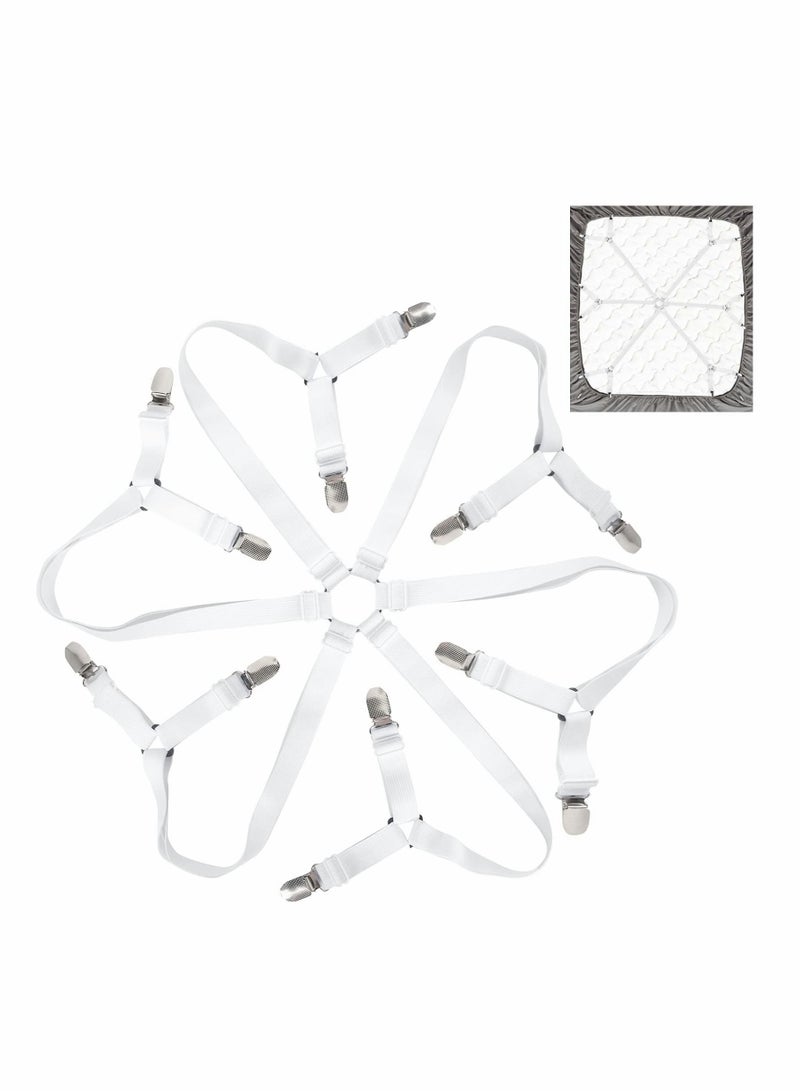 Bed Sheet Holder Straps, Adjustable Premium Fitted Suspenders with 6 Way Cross Elastic Bands and Corner Clips, for Bedding Mattress Fasteners(White)  - Image 1