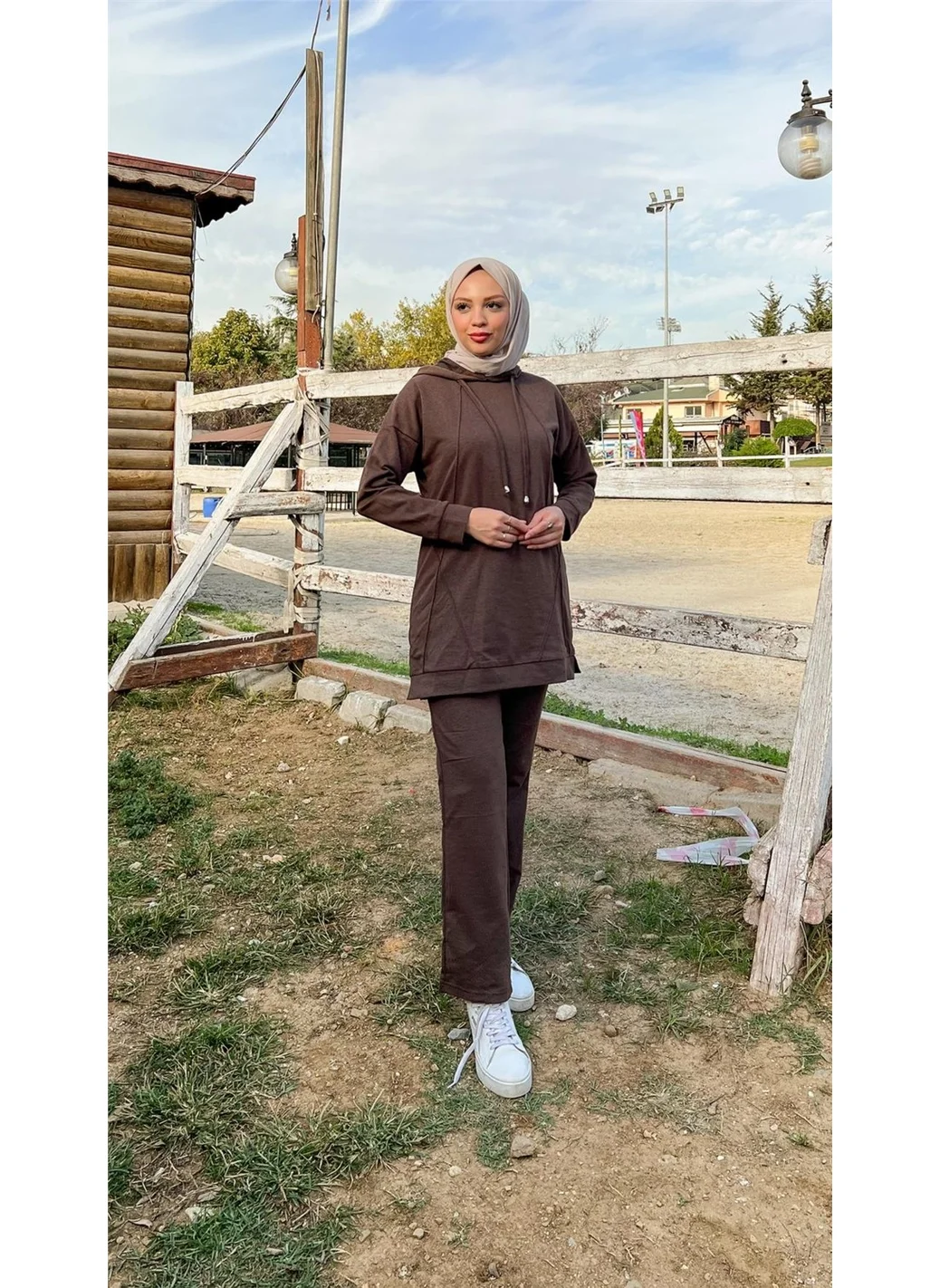 بي ويست Hooded O Neck Plain Basic Double Tracksuit Sportswear Set - 3039 - Brown