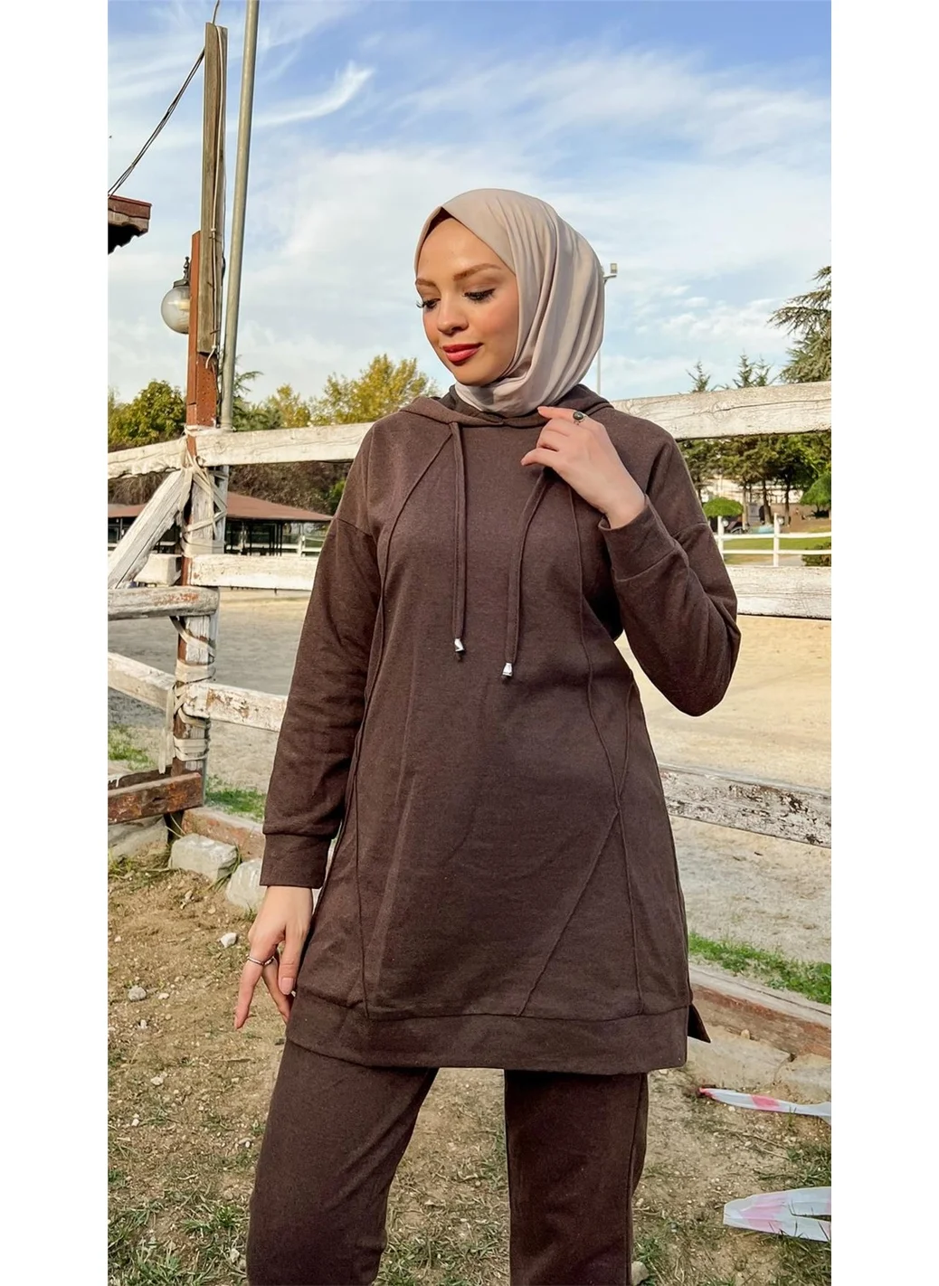 بي ويست Hooded O Neck Plain Basic Double Tracksuit Sportswear Set - 3039 - Brown