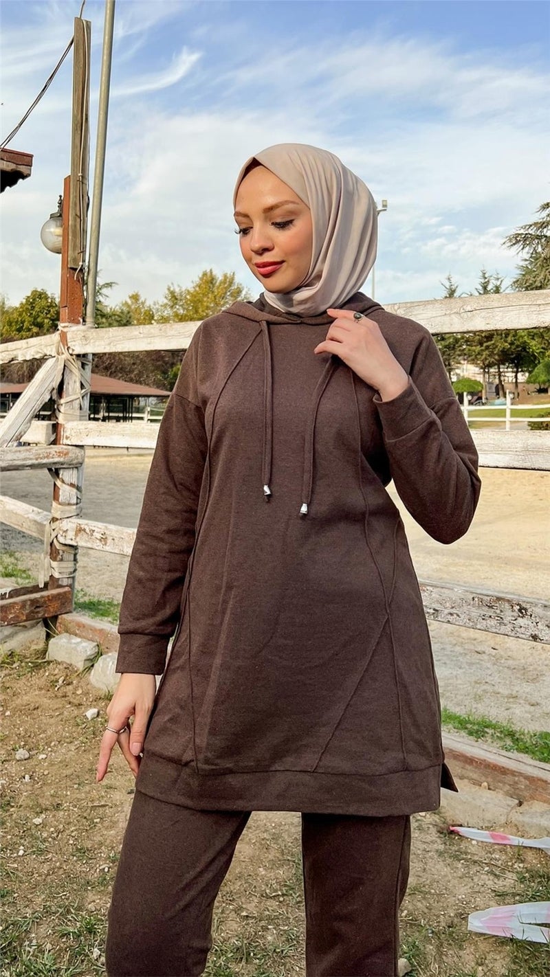 Bwest Hooded O Neck Plain Basic Double Tracksuit Sportswear Set - 3039 - Brown - Image 1