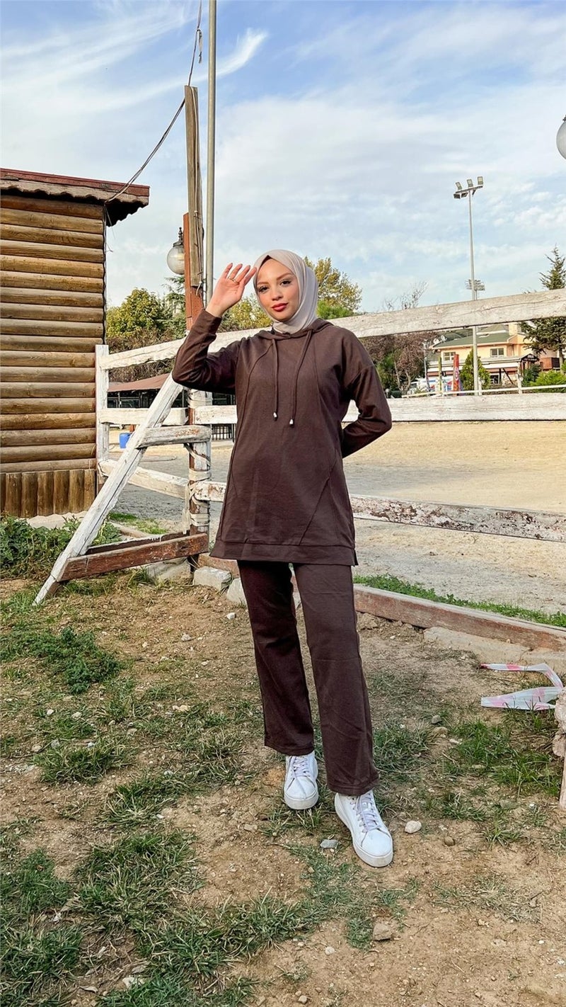 Bwest Hooded O Neck Plain Basic Double Tracksuit Sportswear Set - 3039 - Brown - Image 3