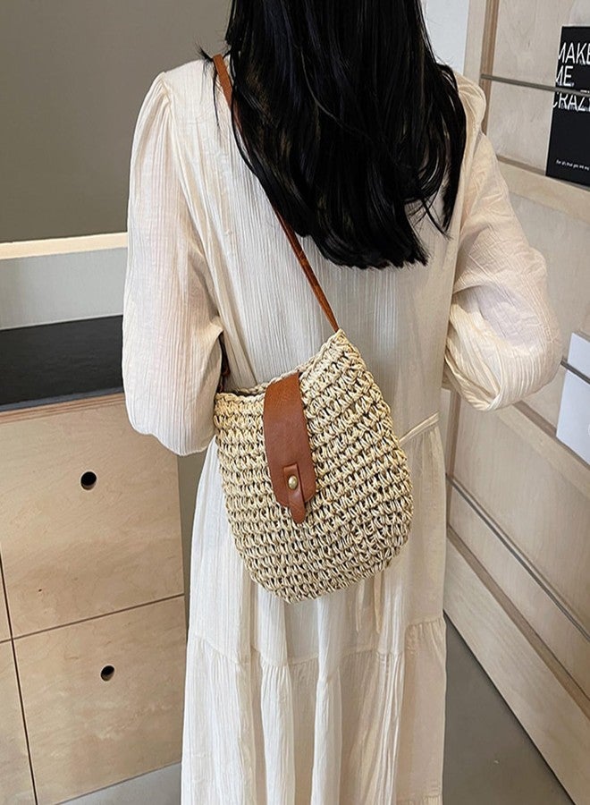 Busnos Small Straw Beach Bag Woven Purse Womens Handbag Shoulder Purse Small Summer Beach Bags Straw Clutch Purses for Women Cute Beige Shoulder Bag - Image 2