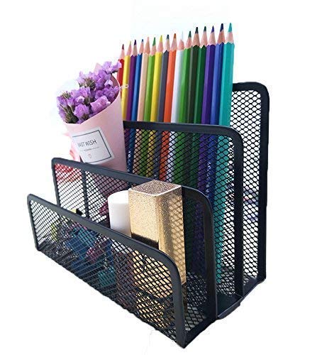 HOMAVA 3 Compartment Metal Mesh Paper Magazine Holder,17.5 X 13 X 8 Cm, Black, Stationery - Image 2