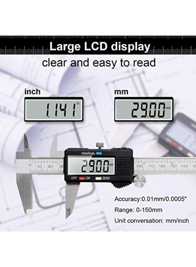Caliper Measuring Tool, Vernier Digital Caliper Stainless Steel 6 Inch/150mm, Digital Micrometer Waterproof, Easy Switch from Inch to Millimeter, Large LCD Screen - Image 5