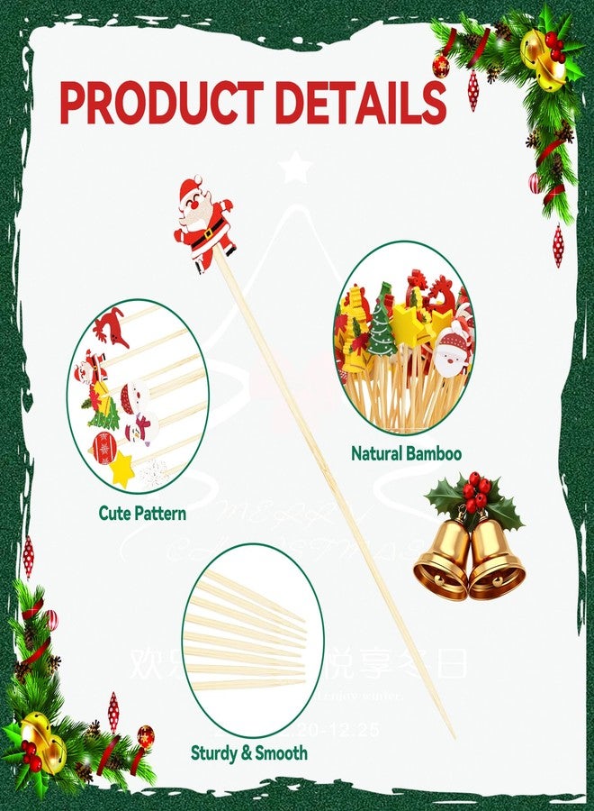 HiEnjoin 100Pcs Christmas Cocktail Picks - Bamboo Fruit Dessert Sticks Santa Claus Snowflake Swizzle Sticks Christmas Tree Party Decorations Holiday Supplies - Image 3