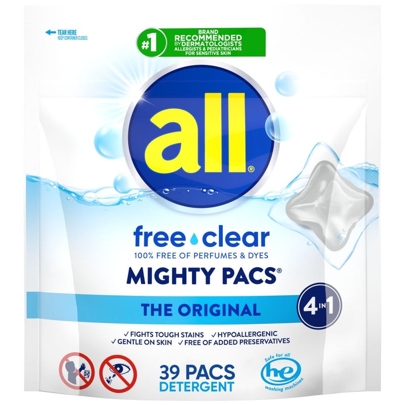 all Free Clear, Original, Mighty PACS Laundry Detergent Pacs for Sensitive Skin, Unscented and Hypoallergenic, 39 Count - Image 1