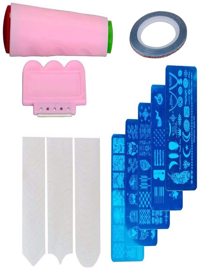 FOK Set Of 5Pc Plastic Nail Art Stamping Image Plate, Scrapper And French Manicure Tip Sticker With 1Pc Nail Art Tape (Random Color/Design) - Image 1