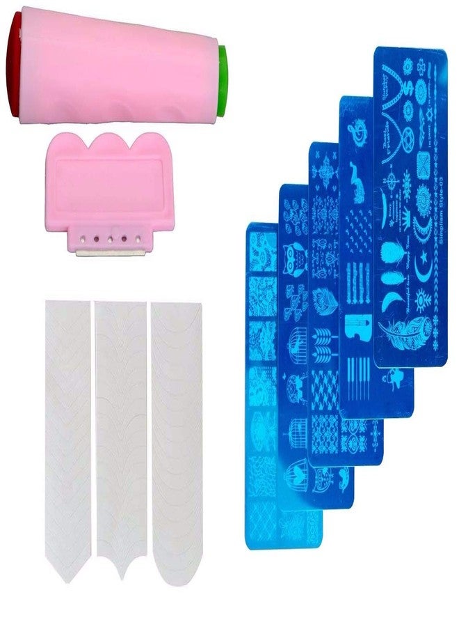 FOK Set Of 5Pc Plastic Nail Art Stamping Image Plate, Scrapper And French Manicure Tip Sticker With 1Pc Nail Art Tape (Random Color/Design) - Image 2