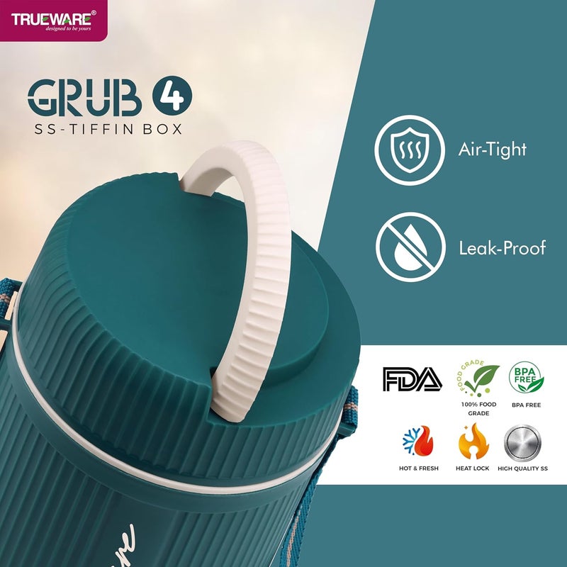 Trueware صندوق غداء ساخن معزول مزدوج الجدار من Trueware GRUB 4 مع 3 حاويات من الفولاذ المقاوم للصدأ سعة 300 مل لكل منها وحاوية واحدة سعة 200 مل خالية من BPA من الدرجة الغذائية كبيرة جدًا باللون الأزرق - Image 5