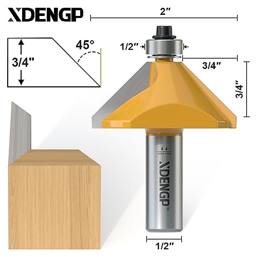 XDENGP 45 Degree Chamfer Router Bit with 3/4 Inch Cutting Length,1/2 Inch Shank Carbide Edge Forming Bevel Router Bit with Bearing, Chamfer Bit Miter Angle Milling Cutters Tool - Image 2