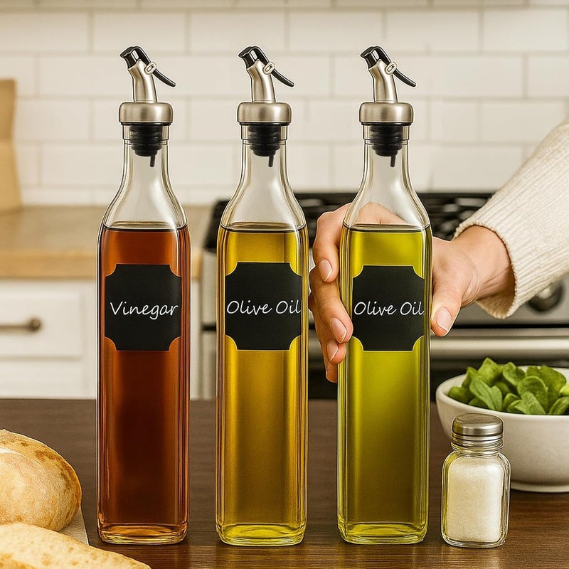 WERTIOO Olive Oil Dispenser Bottle, 3Pack 17 OZ Glass Oil Dispenser for Kitchen with 4 Pourer,1 Stainless Steel Funnel & 1 Pen and 8 Label for Kitchen (500ml) - Image 3