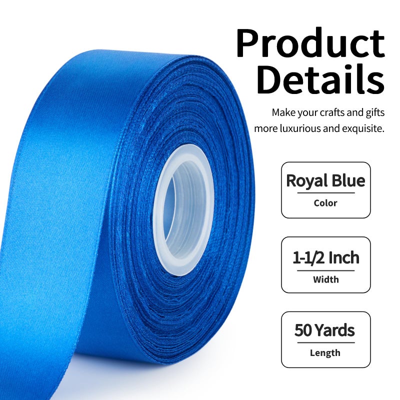 Mauproy 1-1/2 Inch Wide Royal Blue Satin Ribbon  50 Yards Solid Polyester Fabric Ribbon For Roses Making  Gift Wrapping  Christmas  Wedding Decorations  Crafts  Bows - Image 2
