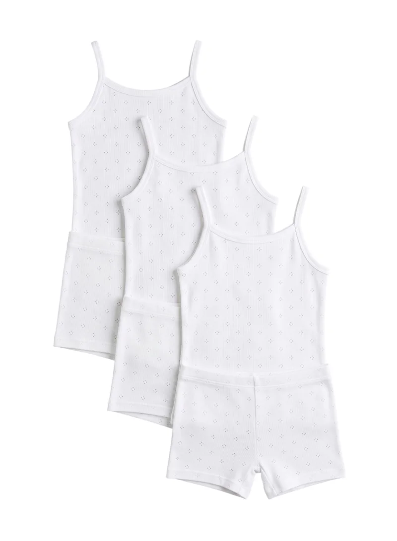 Bidani Girls' 3-Pack Pointelle Cotton Camisole and Shorts Set – Breathable Eyelet Undershirt & Under-Dress Modesty Boxer Briefs Multipack