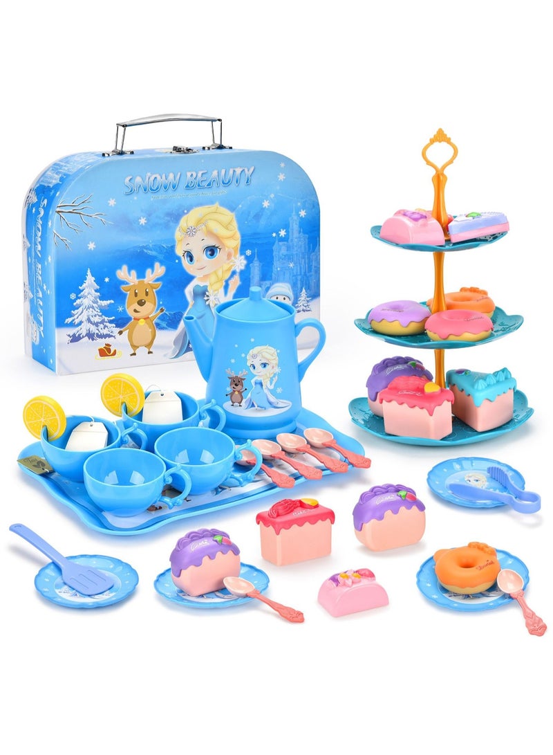 Ice And Snow Girl Tea Set Plastic Afternoon Tea Portable Gift Box With Dessert Suitable For Little Girls Safe And Durable Children'S Tea Party Kitchen Tableware Set Toys Suitable For Children Over 3 Years Old - Image 1