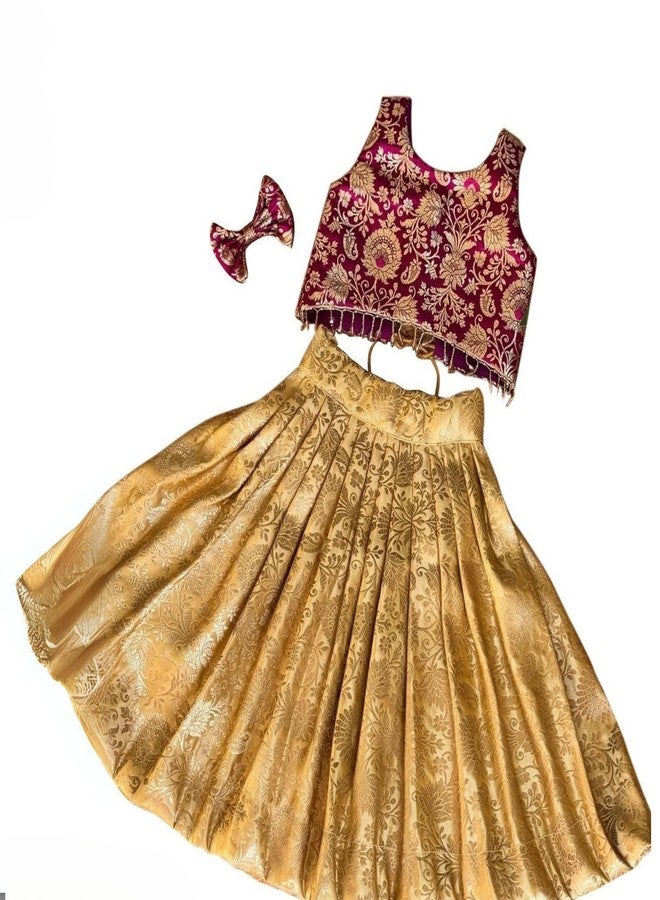 Naixa Girl's Cotton Fabric Gold/Dark Pink Color Floral Print Lehenga Choli with Sleeveless and Drawstring Closure Type| Ready to Wear Lehenga Choli Set for Kids - Image 1
