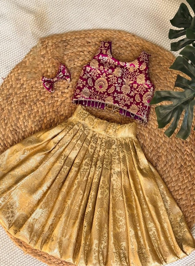 Naixa Girl's Cotton Fabric Gold/Dark Pink Color Floral Print Lehenga Choli with Sleeveless and Drawstring Closure Type| Ready to Wear Lehenga Choli Set for Kids - Image 5