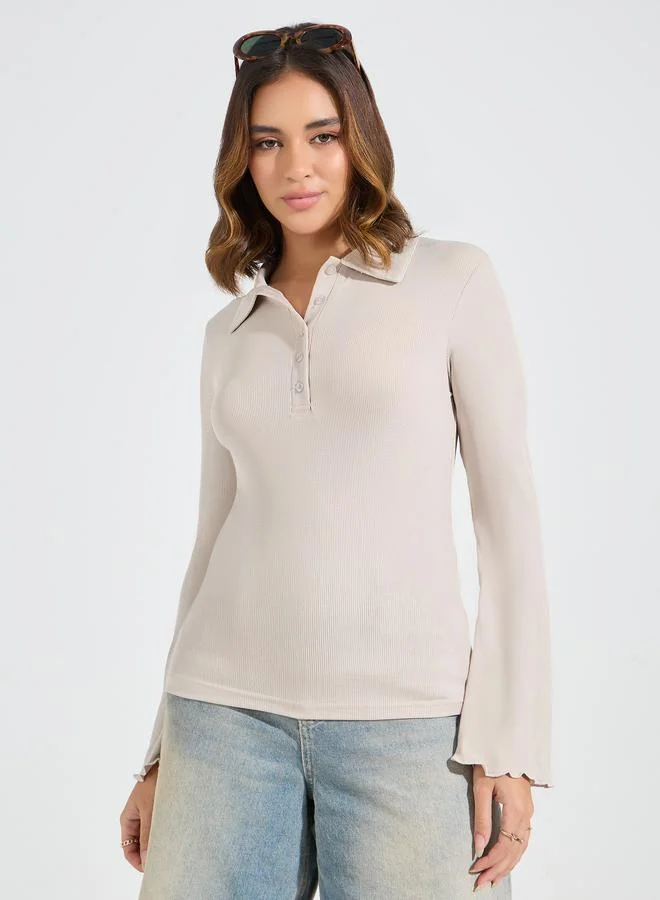 Styli Rib Fitted Polo T-Shirt with Button Placket