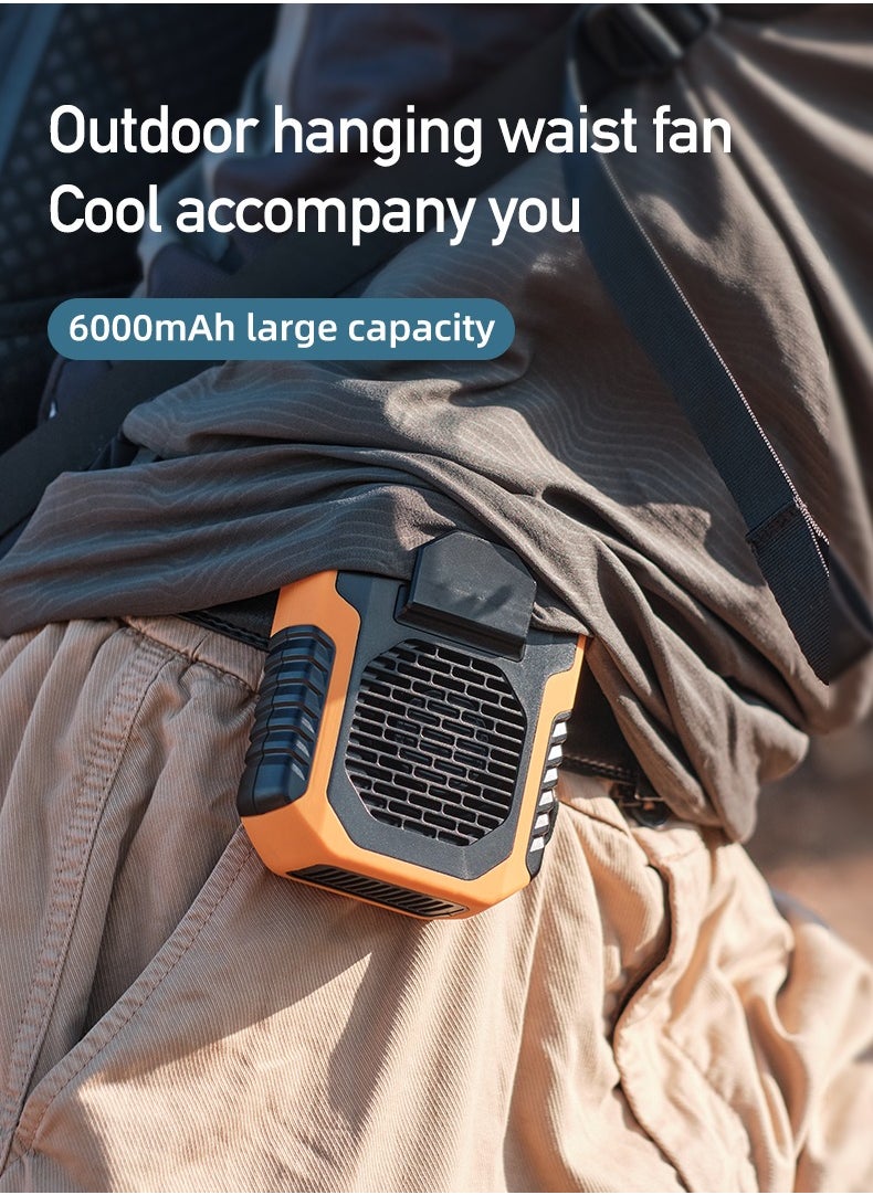 New 3-in-1 Portable Waist Clip Fan, 6200rpm motor, 7.5m/s super airflow, 32% stronger than others, dual-use as neck fan and waist belt fan, 6000mAh battery lasts for 16 hours, 2A fast charge, three-speed wind, can be used as a phone charging block, shock-absorbing and anti-drop, suitable for work/hiking/beach/fishing (orange).
