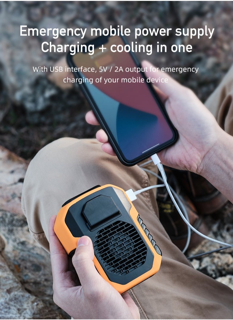 New 3-in-1 Portable Waist Clip Fan, 6200rpm motor, 7.5m/s super airflow, 32% stronger than others, dual-use as neck fan and waist belt fan, 6000mAh battery lasts for 16 hours, 2A fast charge, three-speed wind, can be used as a phone charging block, shock-absorbing and anti-drop, suitable for work/hiking/beach/fishing (orange).