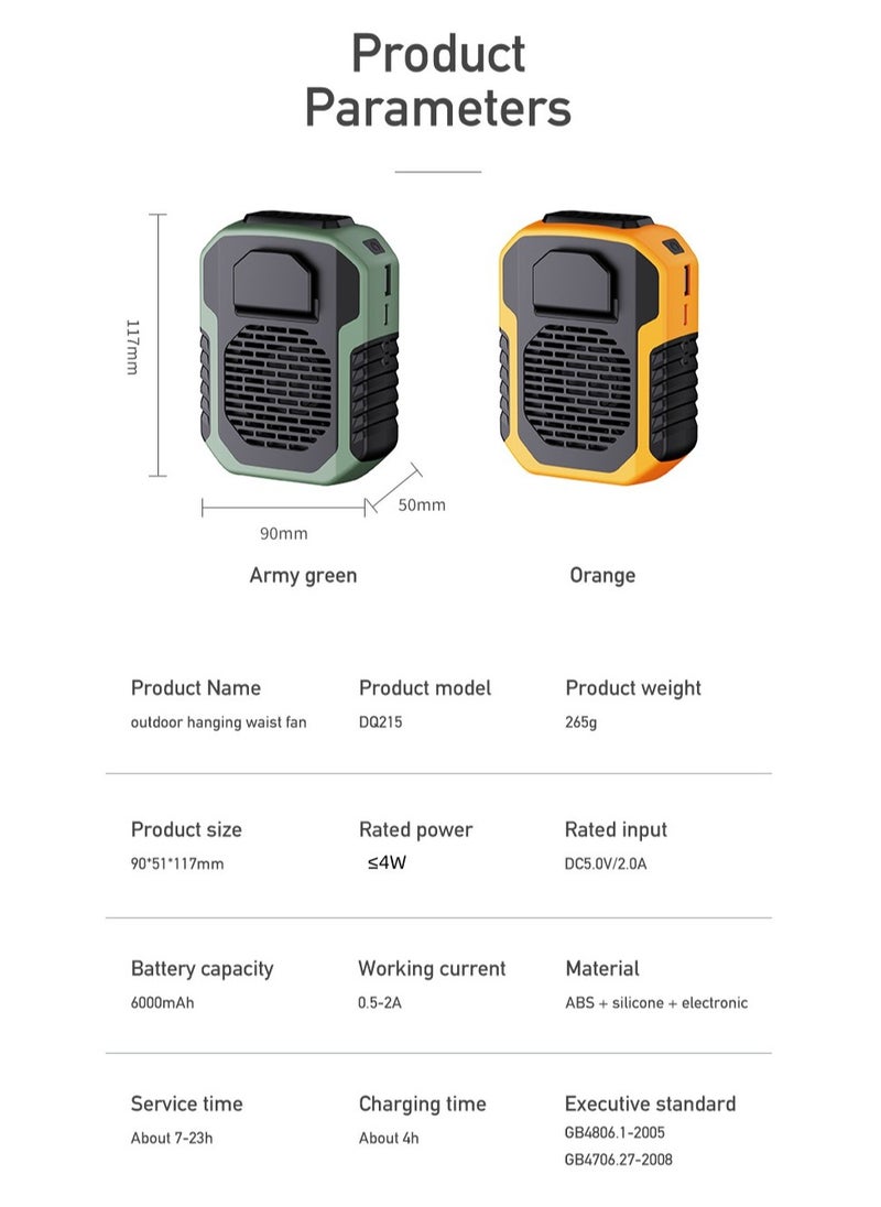 New 3-in-1 Portable Waist Clip Fan, 6200rpm motor, 7.5m/s super airflow, 32% stronger than others, dual-use as neck fan and waist belt fan, 6000mAh battery lasts for 16 hours, 2A fast charge, three-speed wind, can be used as a phone charging block, shock-absorbing and anti-drop, suitable for work/hiking/beach/fishing (orange).