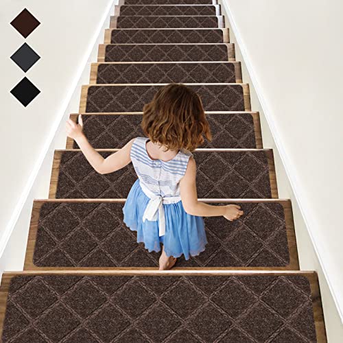 RIOLAND Stair Treads Carpet Non-Slip Indoor 15 PCS Wood Stair Treads Rugs Modern Stair Runners for Kids Dogs, 8" X 30", Diamond Brown - Image 1