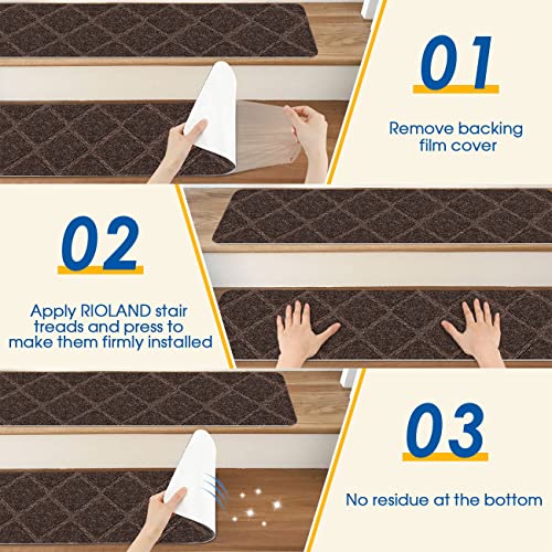 RIOLAND Stair Treads Carpet Non-Slip Indoor 15 PCS Wood Stair Treads Rugs Modern Stair Runners for Kids Dogs, 8" X 30", Diamond Brown - Image 5