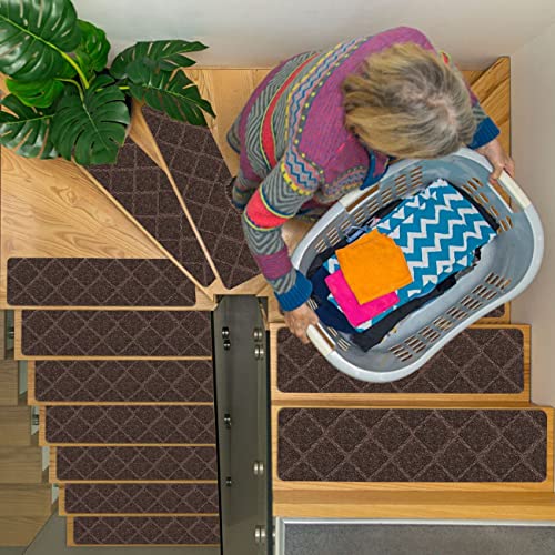 RIOLAND Stair Treads Carpet Non-Slip Indoor 15 PCS Wood Stair Treads Rugs Modern Stair Runners for Kids Dogs, 8" X 30", Diamond Brown - Image 2