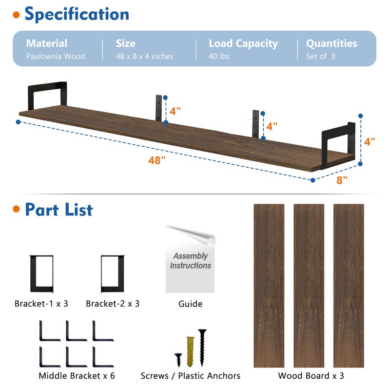 Harwaya Large Floating Shelves for Wall 48 Inches Long Set of 3, Rustic Wood Wall Bookshelf for Living Room Bedroom Books, Heavy Duty Hanging Storage Shelf for Laundry Room (Dark Brown) - Image 2