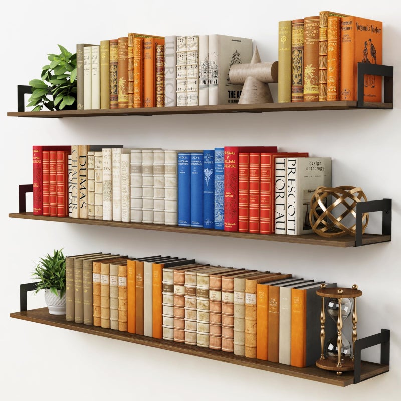 Harwaya Large Floating Shelves for Wall 48 Inches Long Set of 3, Rustic Wood Wall Bookshelf for Living Room Bedroom Books, Heavy Duty Hanging Storage Shelf for Laundry Room (Dark Brown) - Image 1