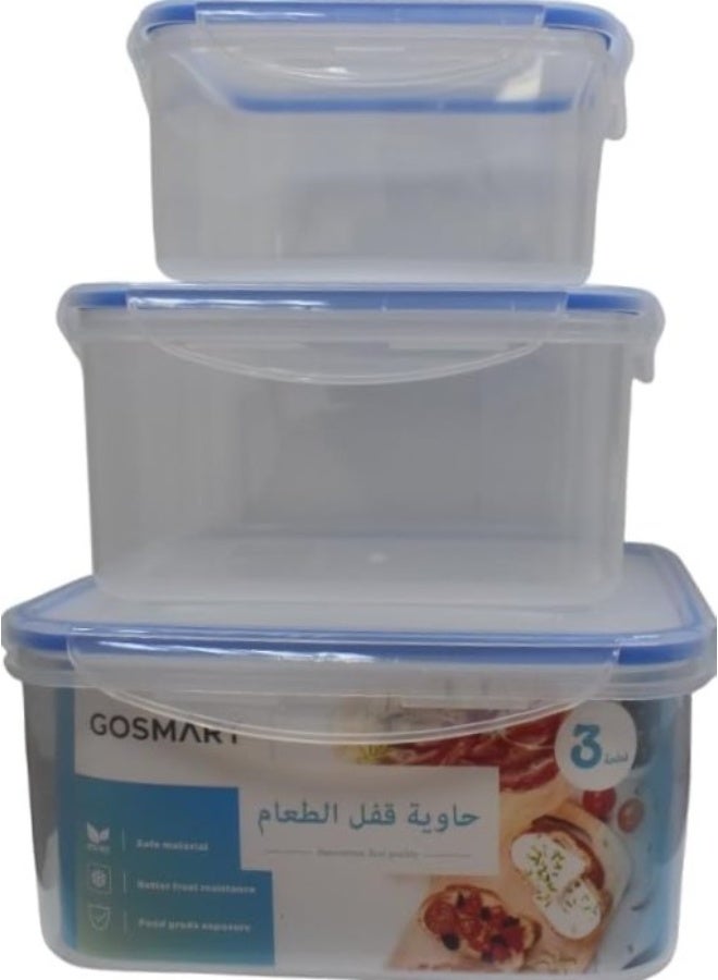 Plastic Food Lock Storage Containers, Clear Plastic with Blue Lids, Airtight Square Lock, 3-Piece Set- Square, 1200ml, 2000ml, 3000ml Capacity